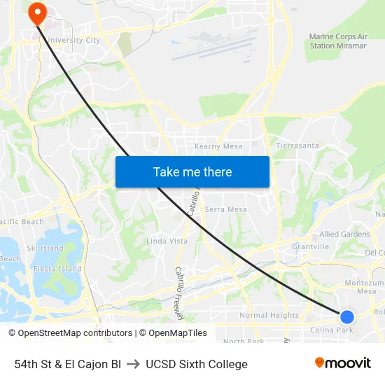 54th St & El Cajon Bl to UCSD Sixth College map