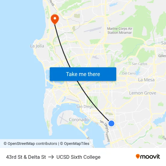 43rd St & Delta St to UCSD Sixth College map