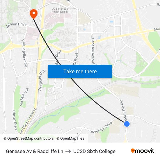 Genesee Av & Radcliffe Ln to UCSD Sixth College map