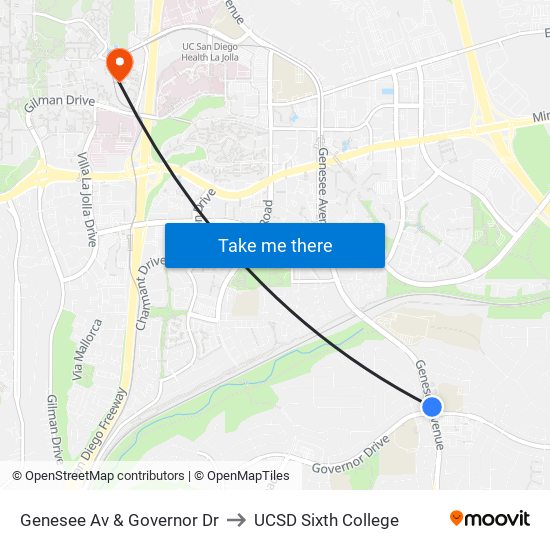 Genesee Av & Governor Dr to UCSD Sixth College map