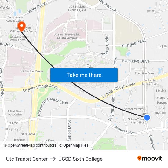 Utc Transit Center to UCSD Sixth College map