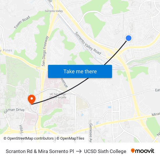 Scranton Rd & Mira Sorrento Pl to UCSD Sixth College map