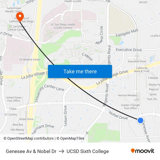 Genesee Av & Nobel Dr to UCSD Sixth College map