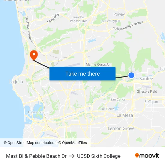 Mast Bl & Pebble Beach Dr to UCSD Sixth College map