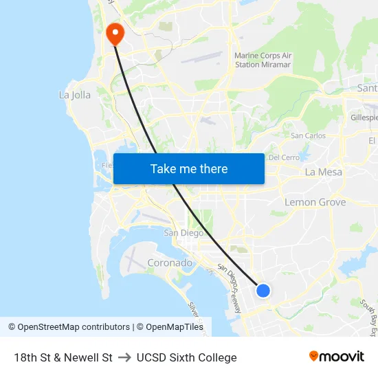 18th St & Newell St to UCSD Sixth College map