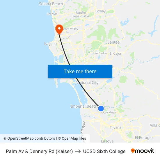 Palm Av & Dennery Rd (Kaiser) to UCSD Sixth College map