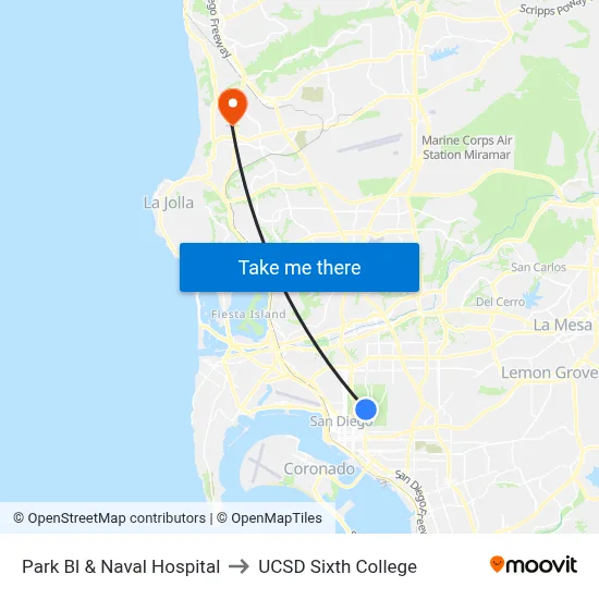 Park Bl & Naval Hospital to UCSD Sixth College map