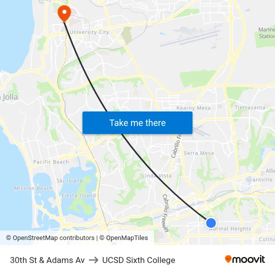 30th St & Adams Av to UCSD Sixth College map