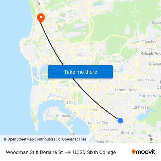 Woodman St & Doriana St to UCSD Sixth College map