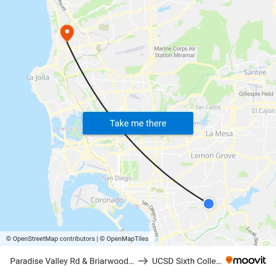 Paradise Valley Rd & Briarwood Rd to UCSD Sixth College map