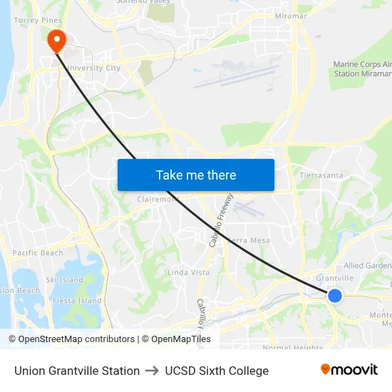 Union Grantville Station to UCSD Sixth College map