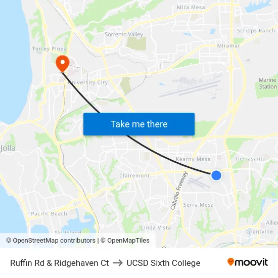 Ruffin Rd & Ridgehaven Ct to UCSD Sixth College map