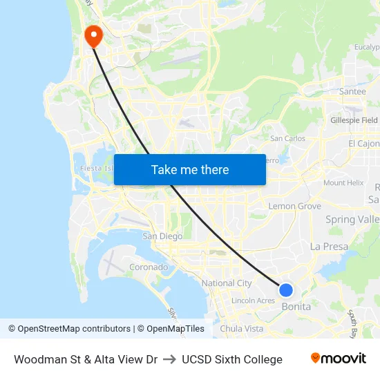 Woodman St & Alta View Dr to UCSD Sixth College map