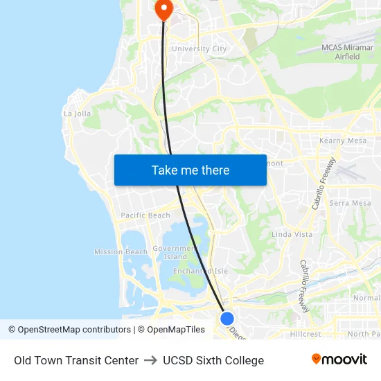 Old Town Transit Center to UCSD Sixth College map