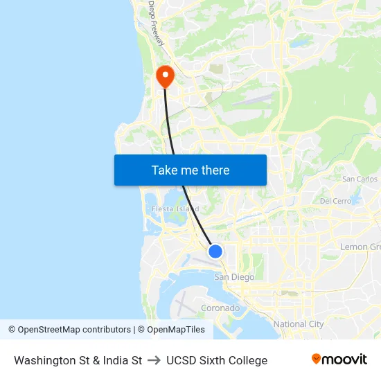 Washington St & India St to UCSD Sixth College map