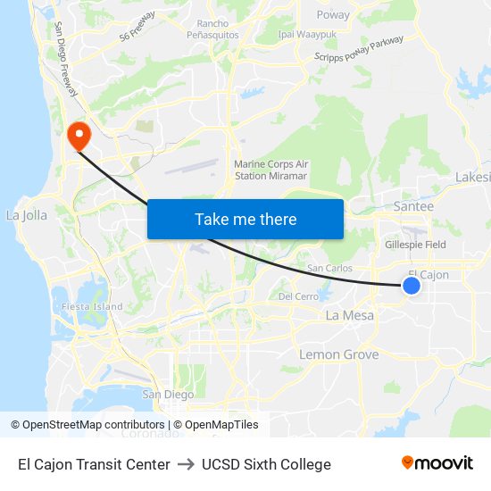 El Cajon Transit Center to UCSD Sixth College map