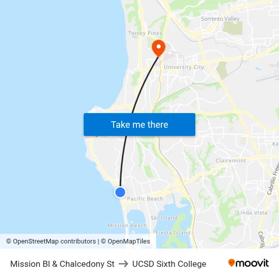 Mission Bl & Chalcedony St to UCSD Sixth College map