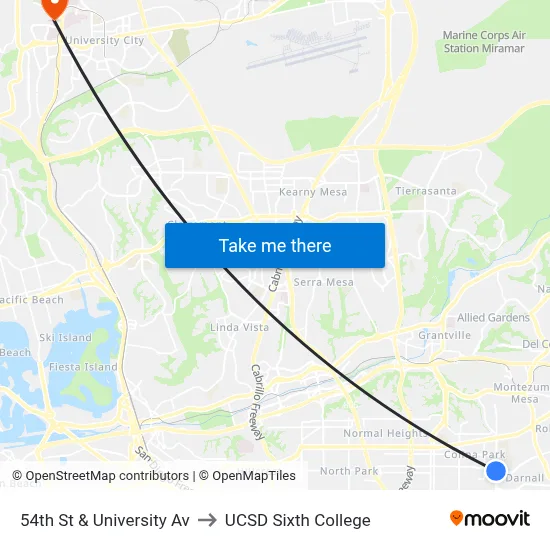 54th St & University Av to UCSD Sixth College map