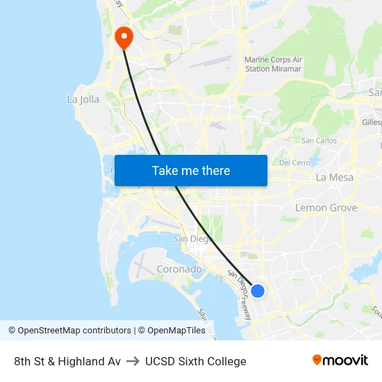 8th St & Highland Av to UCSD Sixth College map