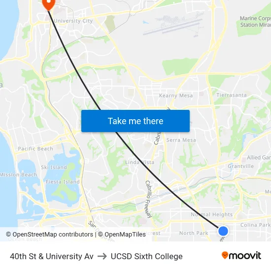 40th St & University Av to UCSD Sixth College map