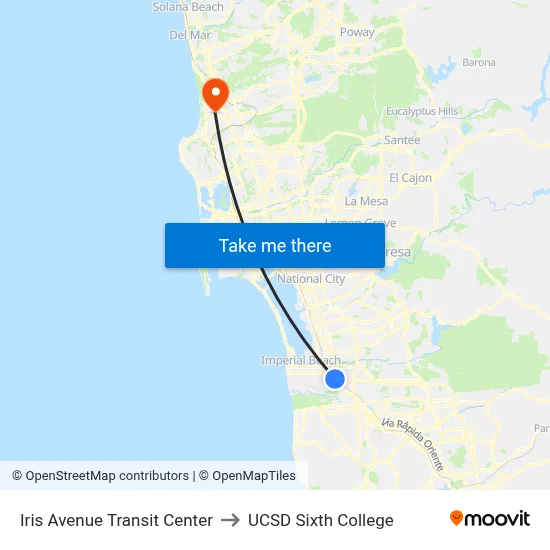Iris Avenue Transit Center to UCSD Sixth College map