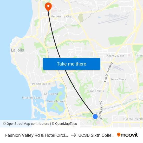 Fashion Valley Rd & Hotel Circle N to UCSD Sixth College map
