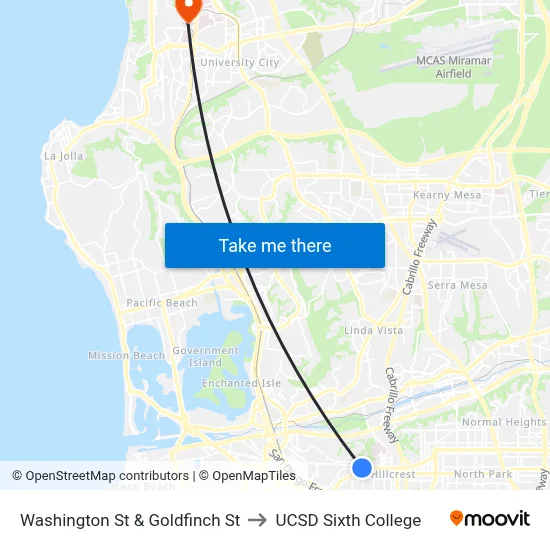 Washington St & Goldfinch St to UCSD Sixth College map