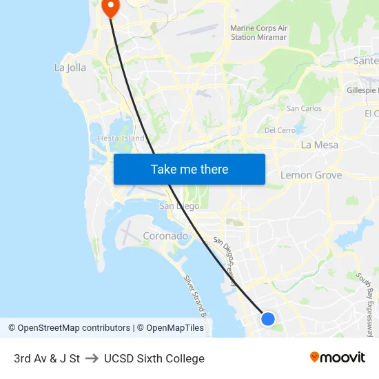 3rd Av & J St to UCSD Sixth College map
