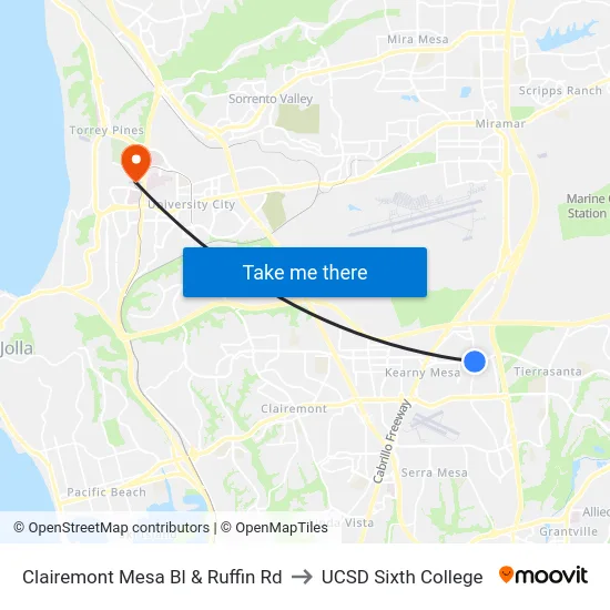 Clairemont Mesa Bl & Ruffin Rd to UCSD Sixth College map