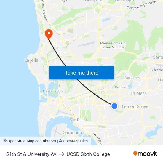 54th St & University Av to UCSD Sixth College map
