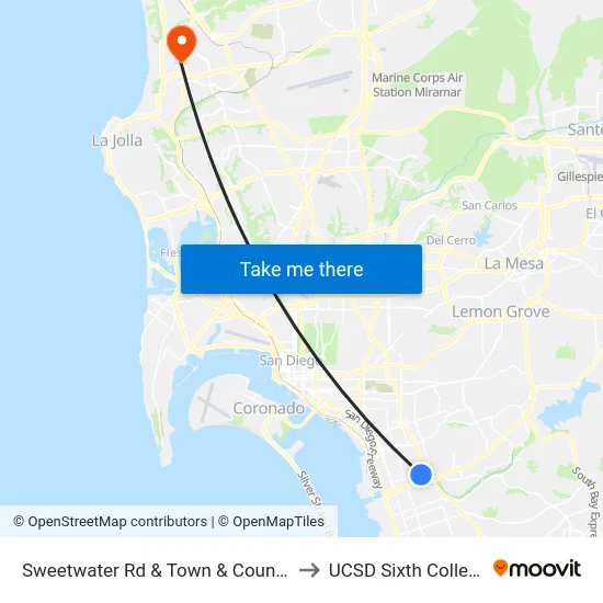 Sweetwater Rd & Town & Country to UCSD Sixth College map