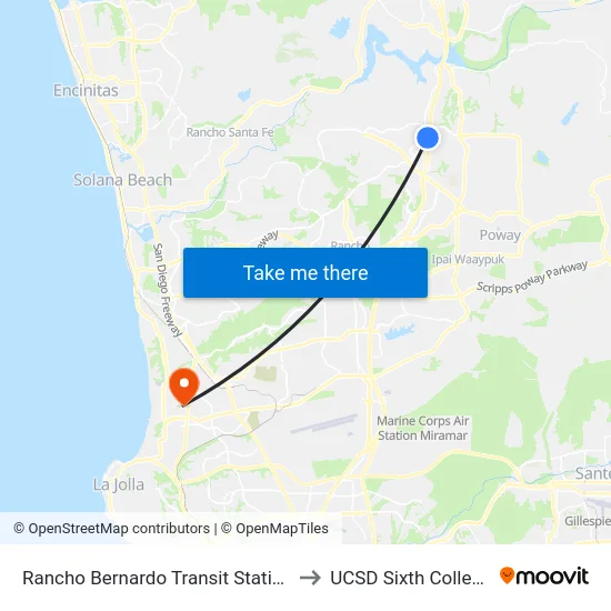 Rancho Bernardo Transit Station to UCSD Sixth College map