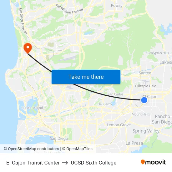 El Cajon Transit Center to UCSD Sixth College map