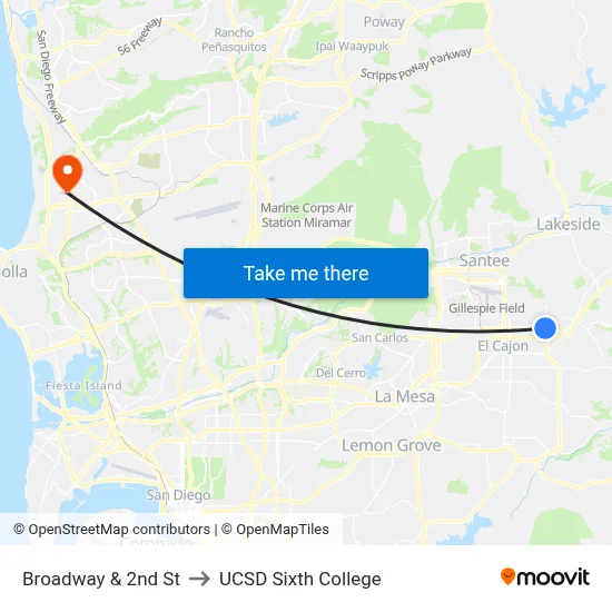 Broadway & 2nd St to UCSD Sixth College map