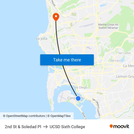 2nd St & Soledad Pl to UCSD Sixth College map