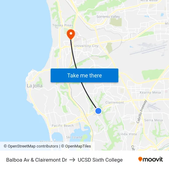 Balboa Av & Clairemont Dr to UCSD Sixth College map