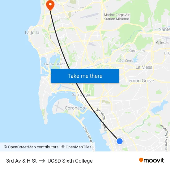 3rd Av & H St to UCSD Sixth College map