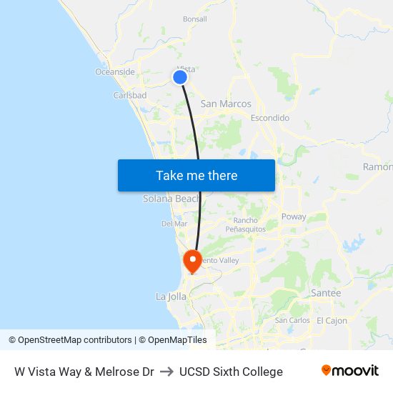 W Vista Way & Melrose Dr to UCSD Sixth College map