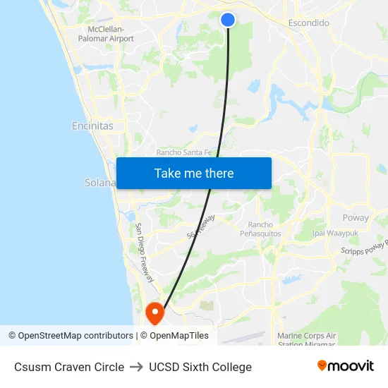 Csusm Craven Circle to UCSD Sixth College map