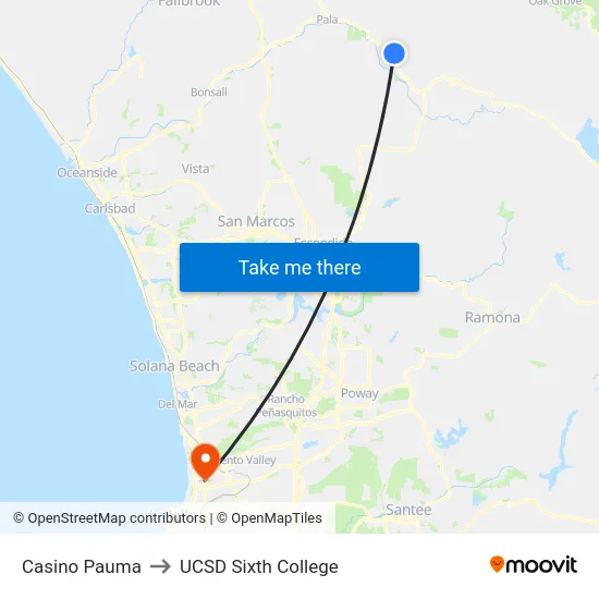 Casino Pauma to UCSD Sixth College map