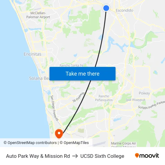 Auto Park Way & Mission Rd to UCSD Sixth College map