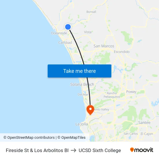 Fireside St & Los Arbolitos Bl to UCSD Sixth College map