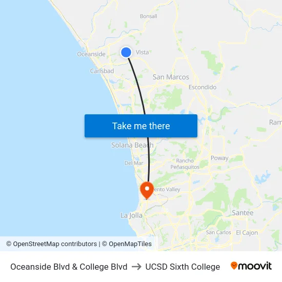 Oceanside Blvd & College Blvd to UCSD Sixth College map