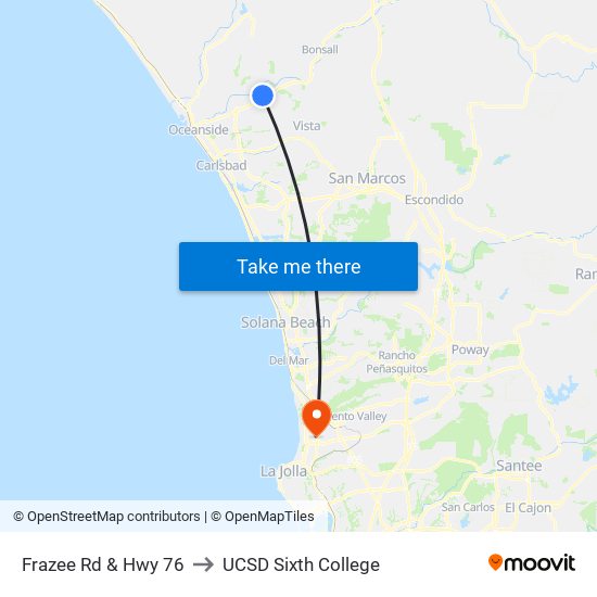 Frazee Rd & Hwy 76 to UCSD Sixth College map