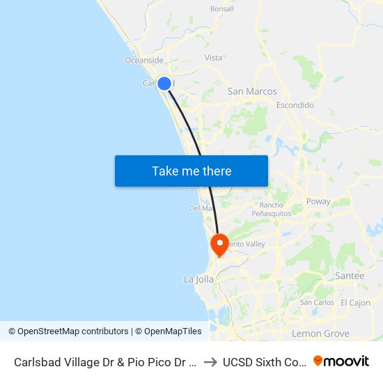 Carlsbad Village Dr & Pio Pico Dr (Library) to UCSD Sixth College map