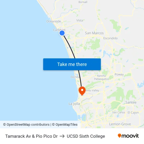 Tamarack Av & Pio Pico Dr to UCSD Sixth College map