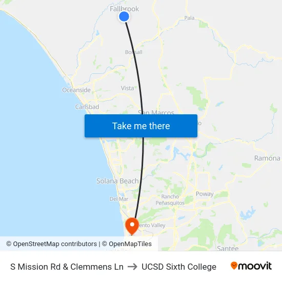 S Mission Rd & Clemmens Ln to UCSD Sixth College map