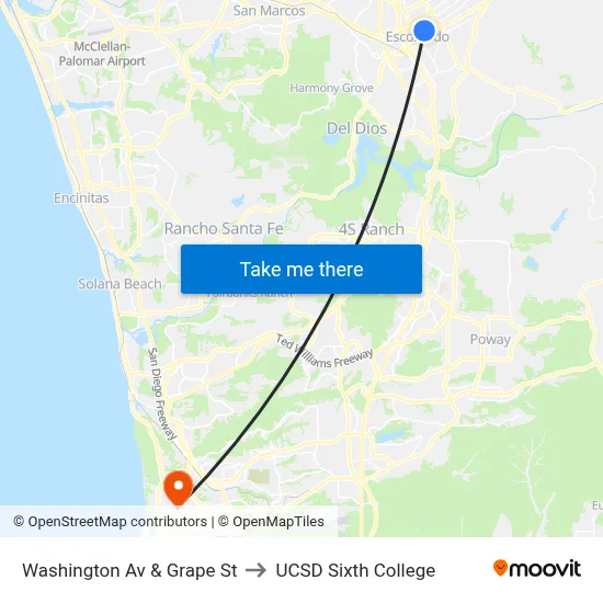 Washington Av & Grape St to UCSD Sixth College map