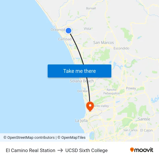 El Camino Real Station to UCSD Sixth College map
