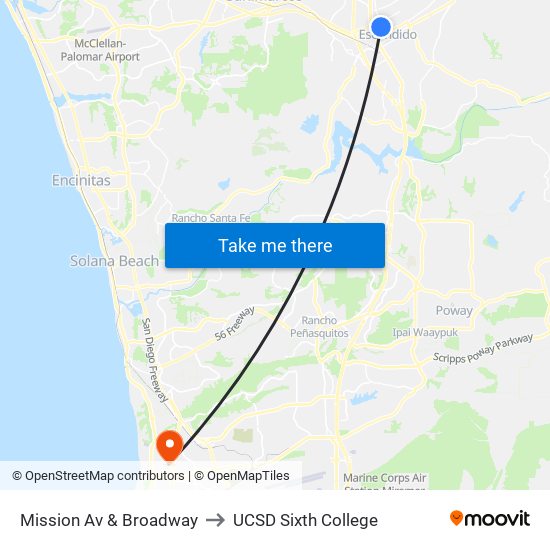 Mission Av & Broadway to UCSD Sixth College map